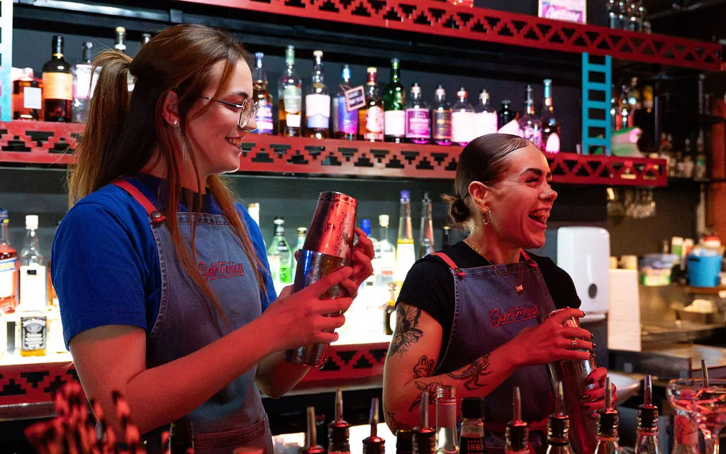Two bartenders laughing as they shake cocktails at the Bartronica bar
