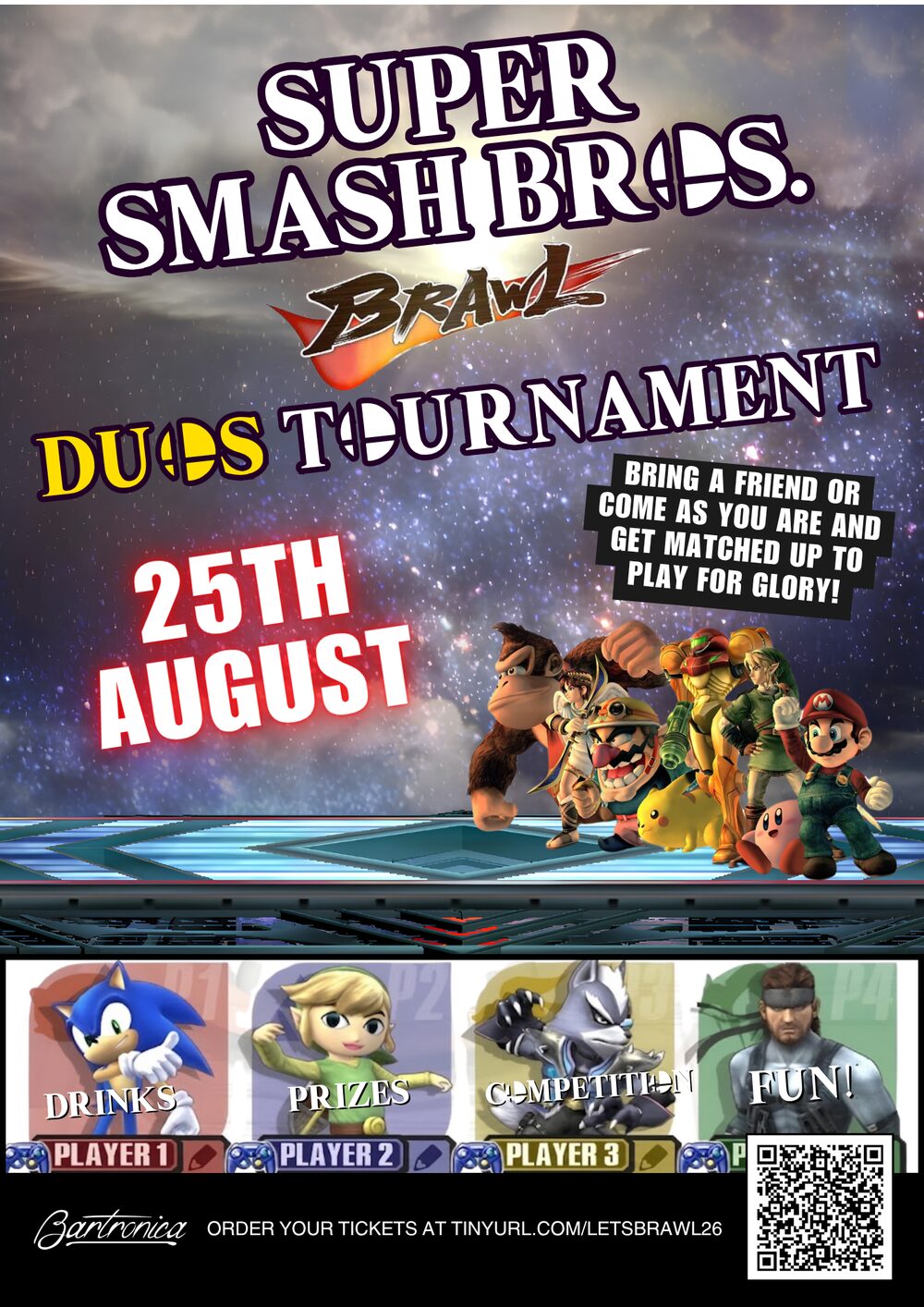Super Smash Bros. Brawl Duos Tournament poster — team up in pairs at Bartronica for drinks, prizes, competition and fun, with Mario, Link, Samus, Kirby, Sonic and more